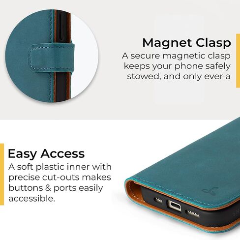 Snakehive Leather Wallet for iPhone 15 - Real Leather Wallet Phone Case - Genuine Leather with Viewing Stand and 3 Card Holder - Flip Folio Cover with Card Slot (Teal) in Saudi Arabia