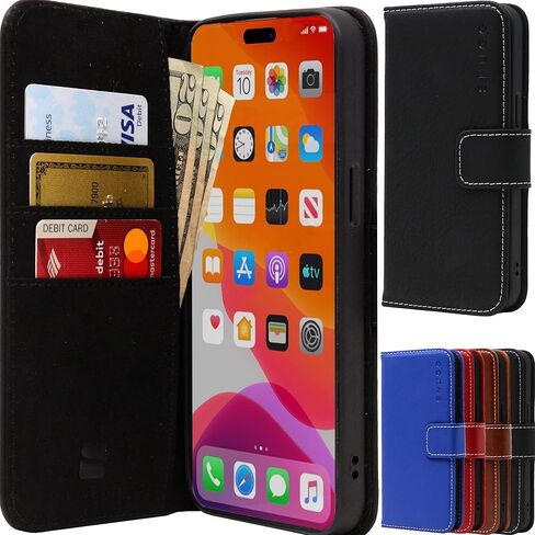 Snugg iPhone 15 Case Wallet – Folding Wallet Case with 3 Card Slots, Magnet Closure, and Phone Stand Function – Leather, TPU, and Nubuck iPhone 15 Wallet Case – Black in Saudi Arabia
