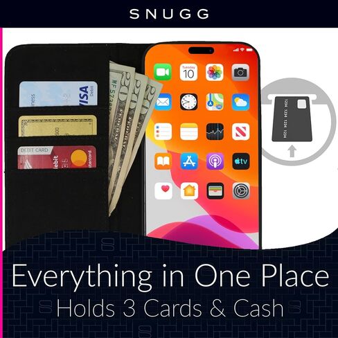 Snugg iPhone 15 Case Wallet – Folding Wallet Case with 3 Card Slots, Magnet Closure, and Phone Stand Function – Leather, TPU, and Nubuck iPhone 15 Wallet Case – Black in Saudi Arabia