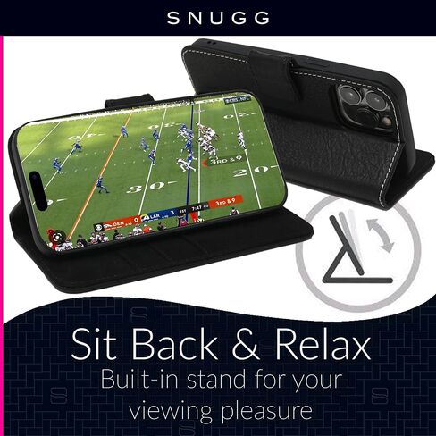 Snugg iPhone 15 Case Wallet – Folding Wallet Case with 3 Card Slots, Magnet Closure, and Phone Stand Function – Leather, TPU, and Nubuck iPhone 15 Wallet Case – Black in Saudi Arabia