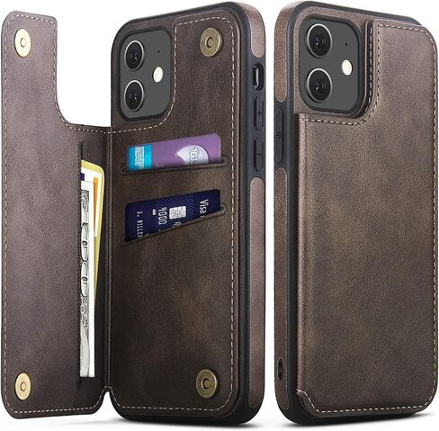 Design for iPhone 12 & iPhone 12 Pro Wallet Case with Card Holder Luxury Leather Kickstand Card Slots Double Magnetic Clasp Shockproof Cover 2020 6.1 Inch (Dark Brown) in Saudi Arabia