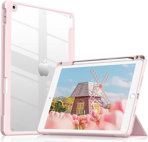 JKSML New Clear iPad 10.2 inch Case for iPad 9th/8th/7th Generation 2021/2020/2019 with Pencil Holder, [Auto WAKE/SLEEP] Transparent Hard PC Back Shell Lightweight Slim Trifold Stand Cover, Pink in Kuwait