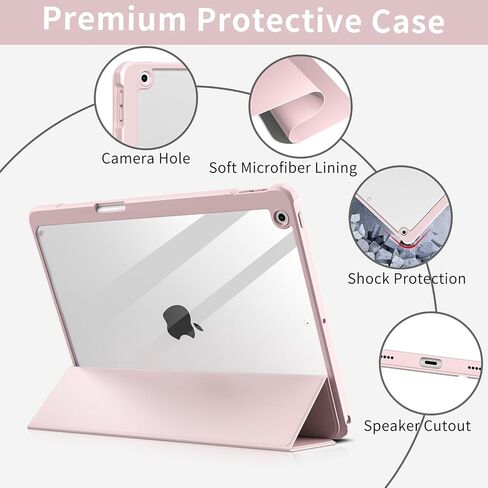JKSML New Clear iPad 10.2 inch Case for iPad 9th/8th/7th Generation 2021/2020/2019 with Pencil Holder, [Auto WAKE/SLEEP] Transparent Hard PC Back Shell Lightweight Slim Trifold Stand Cover, Pink in Kuwait