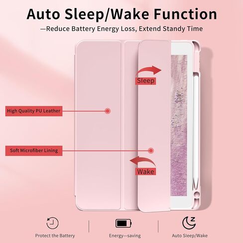 JKSML New Clear iPad 10.2 inch Case for iPad 9th/8th/7th Generation 2021/2020/2019 with Pencil Holder, [Auto WAKE/SLEEP] Transparent Hard PC Back Shell Lightweight Slim Trifold Stand Cover, Pink in Kuwait