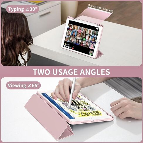 JKSML New Clear iPad 10.2 inch Case for iPad 9th/8th/7th Generation 2021/2020/2019 with Pencil Holder, [Auto WAKE/SLEEP] Transparent Hard PC Back Shell Lightweight Slim Trifold Stand Cover, Pink in Kuwait