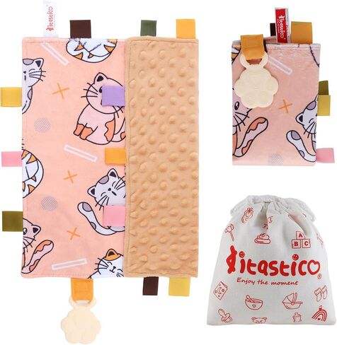 Tag Blanket for Babies, Cozy Newborn Baby Tag Blanket for Boy and Girl,Toddler and Infant Soothing Blanket,Double Layer Dotted Blanket,13.5 x 13.5 inch,Cat Paw Silicone Teether(Light Brown) in Saudi Arabia