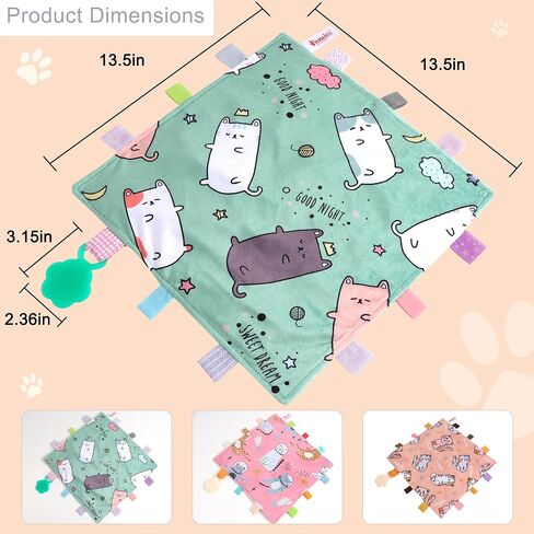 Tag Blanket for Babies, Cozy Newborn Baby Tag Blanket for Boy and Girl,Toddler and Infant Soothing Blanket,Double Layer Dotted Blanket,13.5 x 13.5 inch,Cat Paw Silicone Teether(Light Brown) in Saudi Arabia
