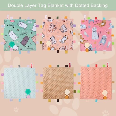 Tag Blanket for Babies, Cozy Newborn Baby Tag Blanket for Boy and Girl,Toddler and Infant Soothing Blanket,Double Layer Dotted Blanket,13.5 x 13.5 inch,Cat Paw Silicone Teether(Light Brown) in Saudi Arabia