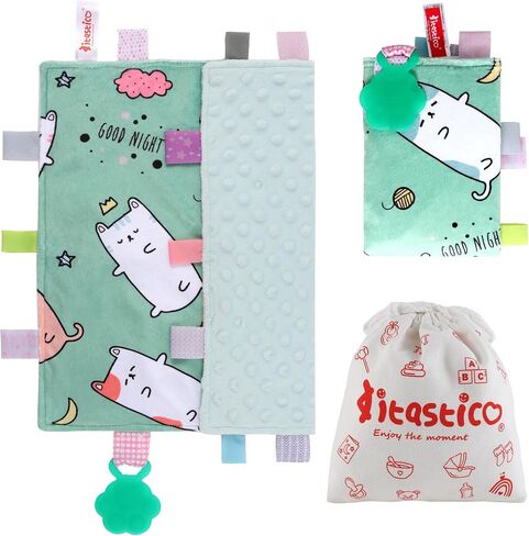 Tag Blanket for Babies, Cozy Newborn Baby Tag Blanket for Boy and Girl,Toddler and Infant Soothing Blanket,Double Layer Dotted Blanket,13.5 x 13.5 inch,Cat Paw Silicone Teether(Light Brown) in Saudi Arabia