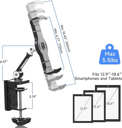 حامل كمبيوتر لوحي من سبائك الألومنيوم من Suptek للمكتب، حامل ذراع قابل للتعديل وقابل للطي متوافق مع iPad 10/9th، iPad 13/12.9 Pro، شاشة محمولة 12.9-18.6 بوصة، YF208BV1 in Kuwait