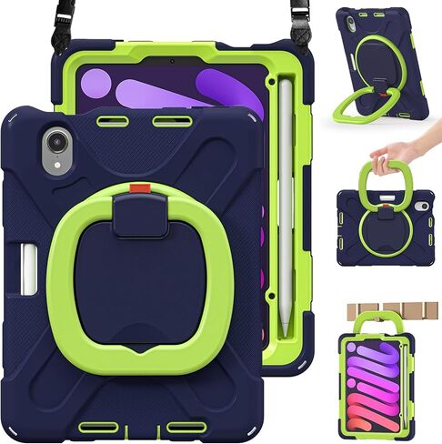 BRAECN iPad Mini 6th Gen Kids Case 8.3''-2021(A2567/A2568/A2569)- Rugged Silicone Cover with Screen Protector, 360 Swivel Handle Grip, Stable Kickstand, Shoulder Strap, Pencil Holder, Colorful Pink in Kuwait