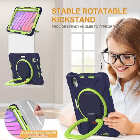 BRAECN iPad Mini 6th Gen Kids Case 8.3''-2021(A2567/A2568/A2569)- Rugged Silicone Cover with Screen Protector, 360 Swivel Handle Grip, Stable Kickstand, Shoulder Strap, Pencil Holder, Colorful Pink in Kuwait