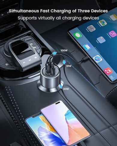 130W USB C Car Fast Charger with USB C-C Cable, PD 100W +30W +QC3.0 Cigarette Lighter Type C Charger for MacBook Pro Air Laptop iPad Pro iPhone 15 14 13 Pro Max Plus Galaxy S23 Ultra S22 S21 in Saudi Arabia