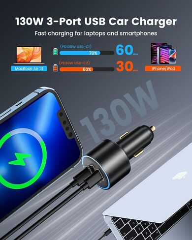 130W USB C Car Fast Charger with USB C-C Cable, PD 100W +30W +QC3.0 Cigarette Lighter Type C Charger for MacBook Pro Air Laptop iPad Pro iPhone 15 14 13 Pro Max Plus Galaxy S23 Ultra S22 S21 in Saudi Arabia