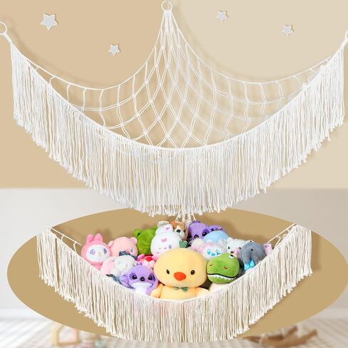 Stuffed Animal Hammock Net - Large Corner Toy Hammock for Plush Storage, Boho Macrame Hanging Organizer for Bedroom Decor, Playrooms, Nursery (Beige) in Saudi Arabia