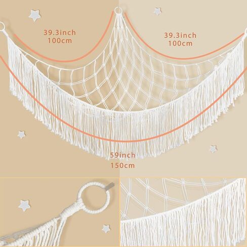 Stuffed Animal Hammock Net - Large Corner Toy Hammock for Plush Storage, Boho Macrame Hanging Organizer for Bedroom Decor, Playrooms, Nursery (Beige) in Saudi Arabia