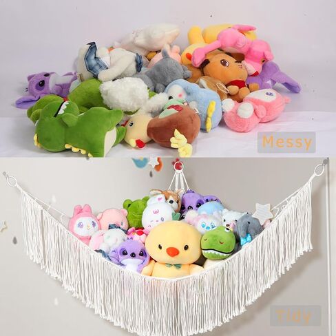 Stuffed Animal Hammock Net - Large Corner Toy Hammock for Plush Storage, Boho Macrame Hanging Organizer for Bedroom Decor, Playrooms, Nursery (Beige) in Saudi Arabia
