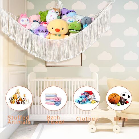 Stuffed Animal Hammock Net - Large Corner Toy Hammock for Plush Storage, Boho Macrame Hanging Organizer for Bedroom Decor, Playrooms, Nursery (Beige) in Saudi Arabia