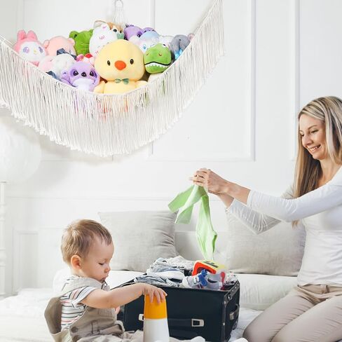 Stuffed Animal Hammock Net - Large Corner Toy Hammock for Plush Storage, Boho Macrame Hanging Organizer for Bedroom Decor, Playrooms, Nursery (Beige) in Saudi Arabia
