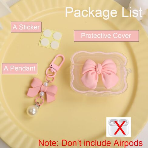 متوافق مع غطاء حافظة Apple AirPods Pro Generation 2019، تصميم لطيف ثلاثي الأبعاد على شكل ربطة عنق مقاوم للصدمات ناعم وشفاف من مادة TPU Kawaii Airpods Pro مع سلسلة مفاتيح للنساء والفتيات، وردي فيونكة in Kuwait
