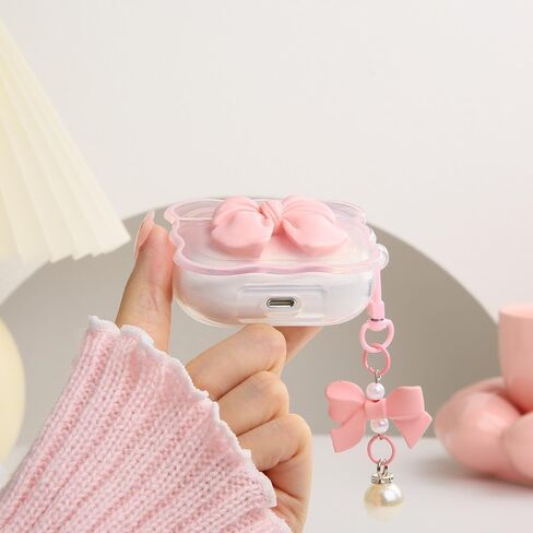 متوافق مع غطاء حافظة Apple AirPods Pro Generation 2019، تصميم لطيف ثلاثي الأبعاد على شكل ربطة عنق مقاوم للصدمات ناعم وشفاف من مادة TPU Kawaii Airpods Pro مع سلسلة مفاتيح للنساء والفتيات، وردي فيونكة in Kuwait