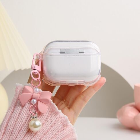 متوافق مع غطاء حافظة Apple AirPods Pro Generation 2019، تصميم لطيف ثلاثي الأبعاد على شكل ربطة عنق مقاوم للصدمات ناعم وشفاف من مادة TPU Kawaii Airpods Pro مع سلسلة مفاتيح للنساء والفتيات، وردي فيونكة in Kuwait
