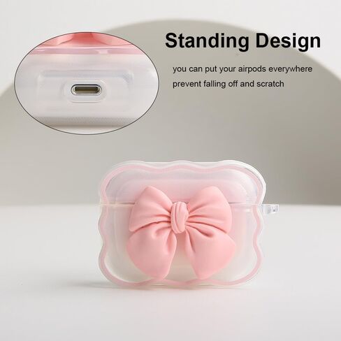 متوافق مع غطاء حافظة Apple AirPods Pro Generation 2019، تصميم لطيف ثلاثي الأبعاد على شكل ربطة عنق مقاوم للصدمات ناعم وشفاف من مادة TPU Kawaii Airpods Pro مع سلسلة مفاتيح للنساء والفتيات، وردي فيونكة in Kuwait