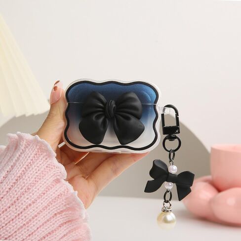 متوافق مع غطاء حافظة Apple AirPods Pro Generation 2019، تصميم لطيف ثلاثي الأبعاد على شكل ربطة عنق مقاوم للصدمات ناعم وشفاف من مادة TPU Kawaii Airpods Pro مع سلسلة مفاتيح للنساء والفتيات، وردي فيونكة in Kuwait