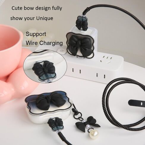 متوافق مع غطاء حافظة Apple AirPods Pro Generation 2019، تصميم لطيف ثلاثي الأبعاد على شكل ربطة عنق مقاوم للصدمات ناعم وشفاف من مادة TPU Kawaii Airpods Pro مع سلسلة مفاتيح للنساء والفتيات، وردي فيونكة in Kuwait