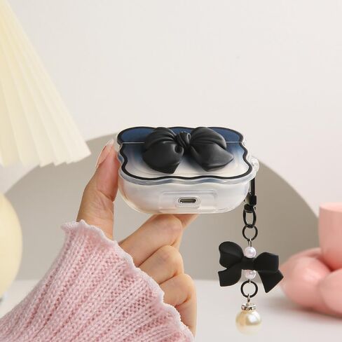 متوافق مع غطاء حافظة Apple AirPods Pro Generation 2019، تصميم لطيف ثلاثي الأبعاد على شكل ربطة عنق مقاوم للصدمات ناعم وشفاف من مادة TPU Kawaii Airpods Pro مع سلسلة مفاتيح للنساء والفتيات، وردي فيونكة in Kuwait