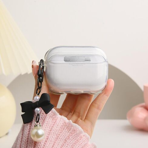 متوافق مع غطاء حافظة Apple AirPods Pro Generation 2019، تصميم لطيف ثلاثي الأبعاد على شكل ربطة عنق مقاوم للصدمات ناعم وشفاف من مادة TPU Kawaii Airpods Pro مع سلسلة مفاتيح للنساء والفتيات، وردي فيونكة in Kuwait