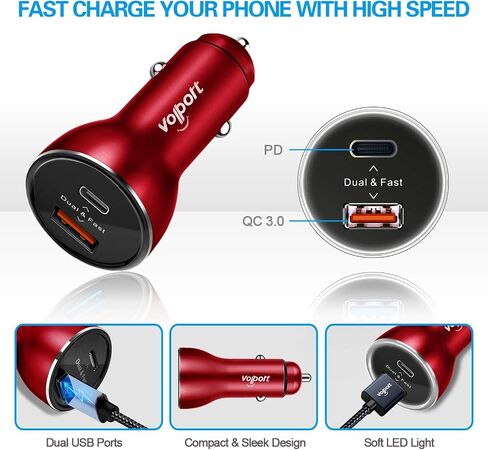 Fast USB C Car Charger, VOLPORT 39W PD Type C Charger Adapter with Power Delivery & Quick Charge 3.0 Dual Port Compatible with iPhone 15 14 13 Pro iPhone 12 Pro 11 XS MAX Samsung Google in Saudi Arabia