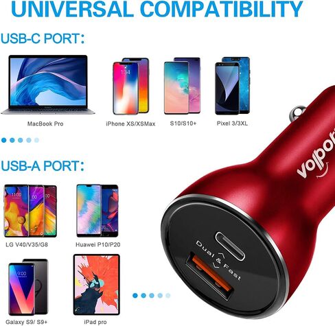 Fast USB C Car Charger, VOLPORT 39W PD Type C Charger Adapter with Power Delivery & Quick Charge 3.0 Dual Port Compatible with iPhone 15 14 13 Pro iPhone 12 Pro 11 XS MAX Samsung Google in Saudi Arabia