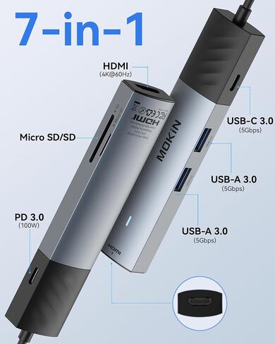 MOKiN USB C Hub Multiport Adapter, 7 in 1 USB C to 4K@60HZ HDMI Mac Dongle Adapter, PD 100W,SD/MicroSD, USB A 3.0 and USB C 3.0, USB C Adapter to USB Hub Slim for MacBook Air/Pro iPad Laptop in Saudi Arabia