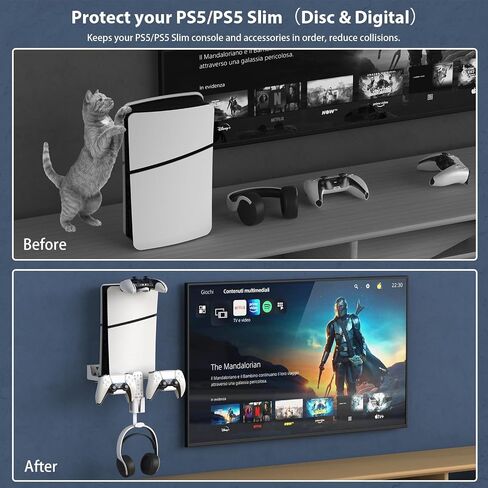 PS5/PS5 Slim Wall Mount Kit with Charging Station RGB LED Light for PS5/New PS5 Slim Consoles Disc&Digital,Fast Dual Controller Chargers,Steel Wall Stand,Headphone Hanger in Saudi Arabia