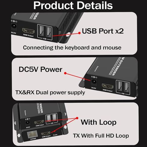 HDMI KVM USB Extender Over Cat 5e/6 Cable 60M (196FT), 1080P HDMI Ethernet Extender Balun Transmitter Receiver, 2 USB Ports Mouse and Keyboard Control Remote Signals, 2 POC Power Supply in Saudi Arabia