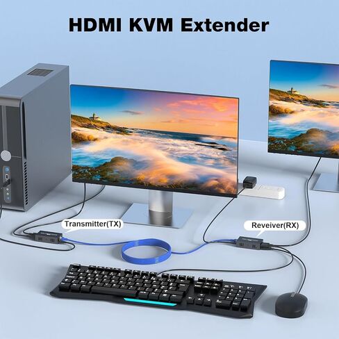 HDMI KVM USB Extender Over Cat 5e/6 Cable 60M (196FT), 1080P HDMI Ethernet Extender Balun Transmitter Receiver, 2 USB Ports Mouse and Keyboard Control Remote Signals, 2 POC Power Supply in Saudi Arabia