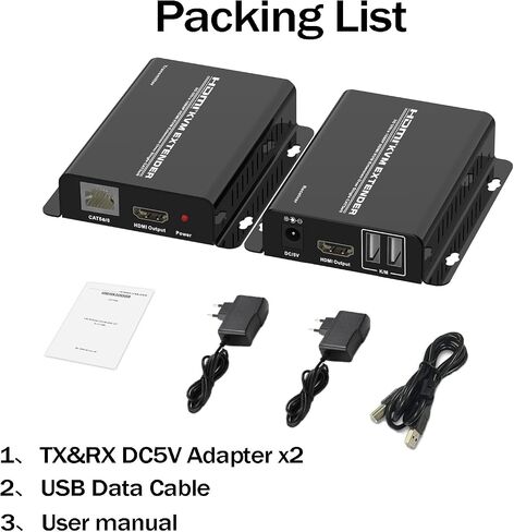 HDMI KVM USB Extender Over Cat 5e/6 Cable 60M (196FT), 1080P HDMI Ethernet Extender Balun Transmitter Receiver, 2 USB Ports Mouse and Keyboard Control Remote Signals, 2 POC Power Supply in Saudi Arabia