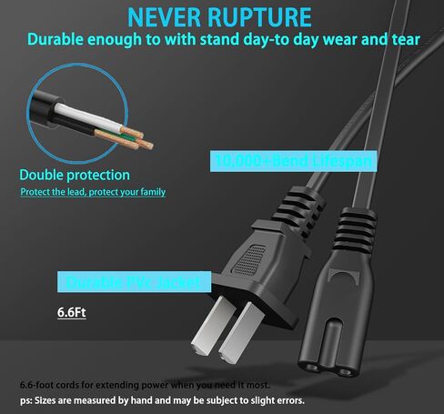 6.6Ft 2 Prong AC Power Cord for Samsung UN Series 4K Smart TV（UN40 UN43 UN48 UN49 UN50 UN55 UN60 UN65 UN70 UN75 UN78）, Replaces P/N 3903-000599, 3903-000853, 3903-001117, C7 Charger Cable in Saudi Arabia