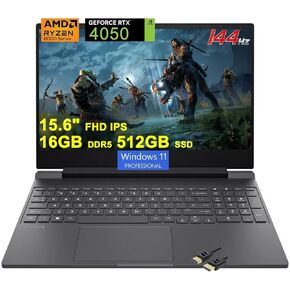 HP Victus 15 Gaming Laptop | 15.6" FHD IPS 144Hz | AMD 6-Core Zen 4 Ryzen 5 8645HS (>i7-11800H) | 16GB DDR5 1TB SSD | GeForce RTX 4050 Graphic | Backlit USB-C Win11Pro Black + HDMI Cable