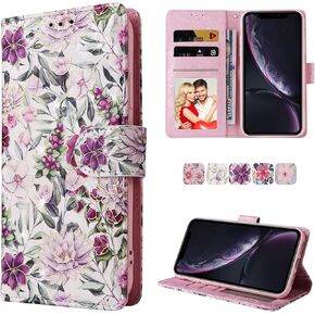 UEEBAI Wallet Case for iPhone XR, PU Leather Phone Case Kickstand RFID Blocking Flip Case with Card Slots Wrist Strap Relief Engraved Pattern Magnetic Closure Folio Case - White Rose