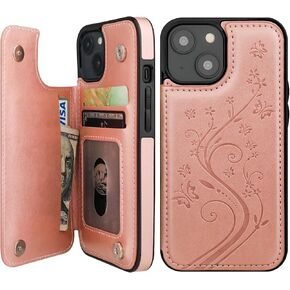 Vaburs Compatible with iPhone 14 Case Wallet with Card Holder,Embossed Butterfly Pattern PU Leather Double Buttons Flip Protective Shockproof Cover for Magnetic Car Mount 6.1 Inch (Gray)