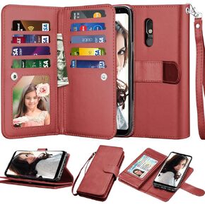 NJJEX Compatible with LG Stylo 5 Case/LG Stylo 5X/Stylo 5V/Stylo 5 Plus Wallet Case, [9 Card Slots] PU Leather Card Holder Folio Flip [Detachable][Kickstand] Magnetic Phone Cover & Lanyard [Wine Red]