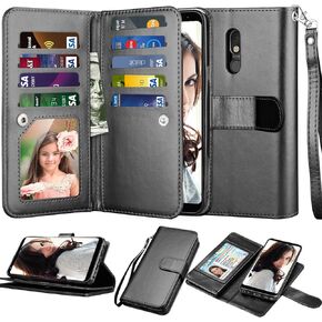 NJJEX Compatible with LG Stylo 5 Case/LG Stylo 5X/Stylo 5V/Stylo 5 Plus Wallet Case, [9 Card Slots] PU Leather Card Holder Folio Flip [Detachable][Kickstand] Magnetic Phone Cover & Lanyard [Wine Red]