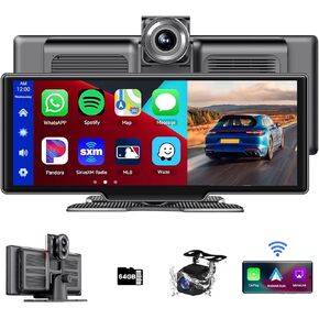 Naifay Wireless Portable Apple Carplay Screen for Car with 2.5K Dash Cam, 9.3Inch Touchscreen Car Stereo Android Auto, MirrorLink, Backup Camera, Bluetooth/AUX/FM Transmitter, GPS Navi, Split Screen