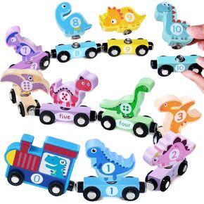 Wooden Train Set Dinosaur Toys for Kids 3-5, Magnetic Dinosaur Train Number Matching Color Sorting Sensory Toys for Toddlers, Montessori Toys for 2 3 4 5 Year Old Girls Boys Birthday Gifts