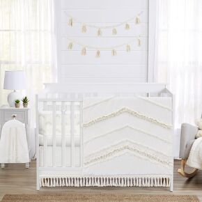 Sweet Jojo Designs Ivory Boho Chic Boy Girl Gender Neutral Baby Crib Bedding Set Infant Nursery Room BreathableBaby Breathable Mesh Crib Liner 6p Solid Color Off White Bohemian Modern Farmhouse Fringe