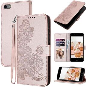 for iPhone SE 2022/iPhone SE/iPhone 8/7/6/6S Phone Case Wallet Card Holder,Floral Leather Flip Cases Strap,Kickstand Magnetic Protective Cute Cover for Women Girl (Red)