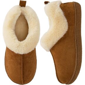 HomeTop Women's Closed-back Slippers Faux Wool Warm Non-slip Outdoor Indoor House Shoes with Fuzzy Collar