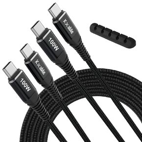 USB C to C Cable 100W 2 Feet (2 Pack), USB Type C Charging Cable, Nylon Braided, 5A Fast Charging for iPhone 15/15 Plus / 15 Pro Max, MacBook Pro, iPad Pro, iPad Air, Galaxy with a Free Cable Clip